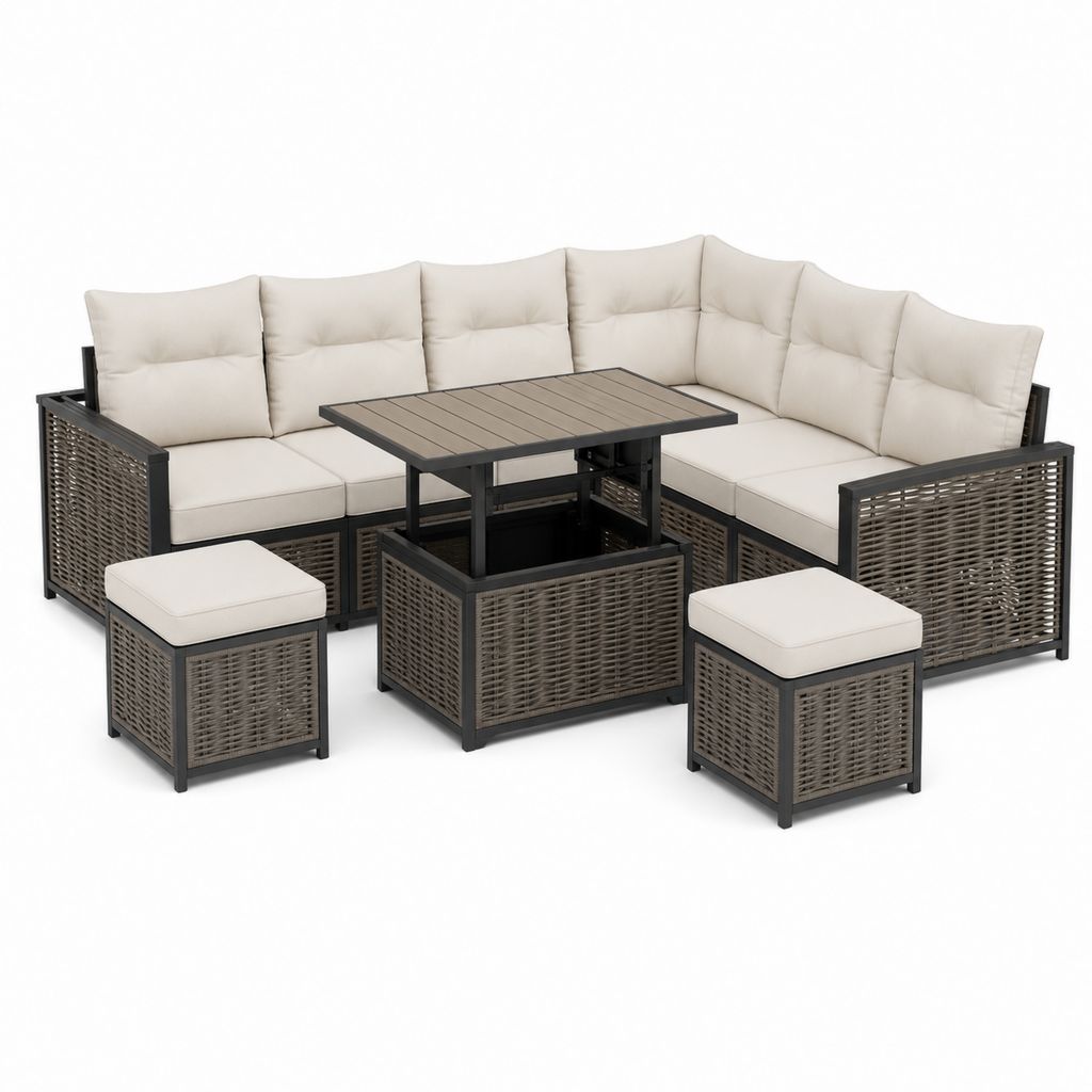 7-teiliges Gartensofa Set Beige mit PE-Rattan Stahlgestell und Hubtisch 230 x 230 cm