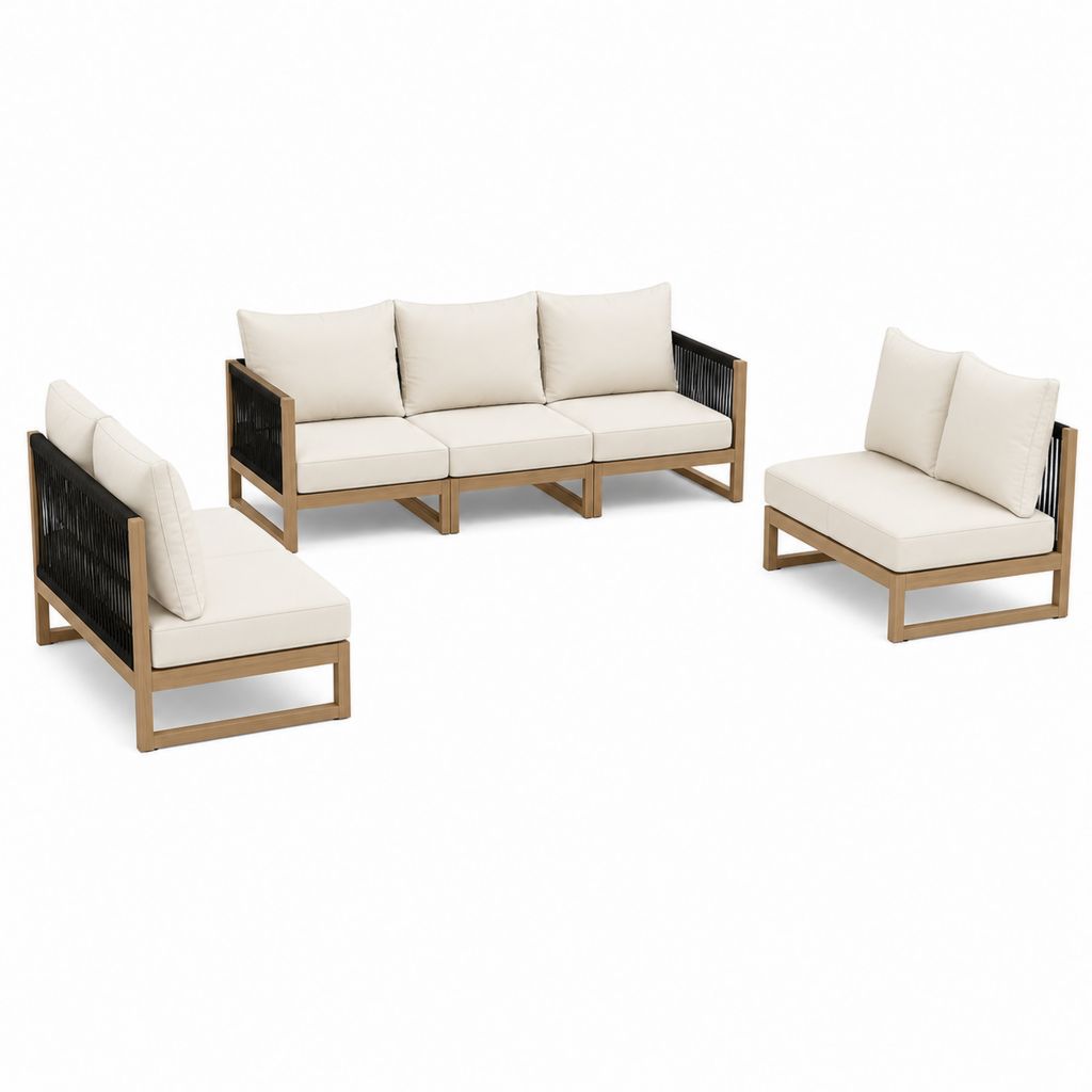 3-teiliges Gartensofa-Set Naturholz Beige mit schwarzer Seilbespannung 3-Sitzer 210 x 80 x 75 cm und 2 Sessel 80 x 80 x 75 cm
