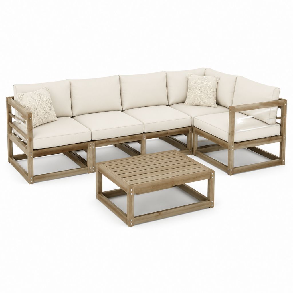 5-teiliges Gartenlounge-Set Creme aus massivem Akazienholz mit L-Form und Couchtisch 280 x 210 cm