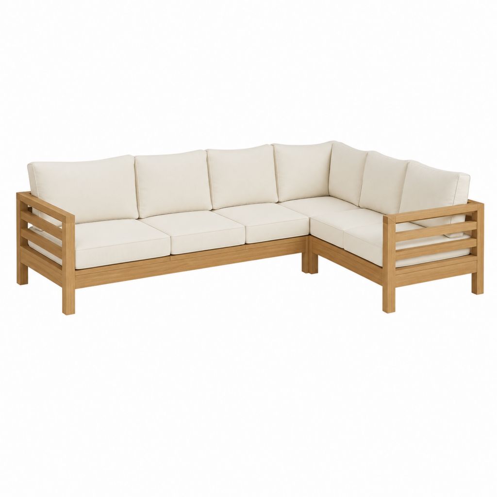 Garten Ecksofa 5-Sitzer aus massivem Akazienholz Natur mit beigefarbenen Polyesterpolstern 238 x 238 x 68 cm