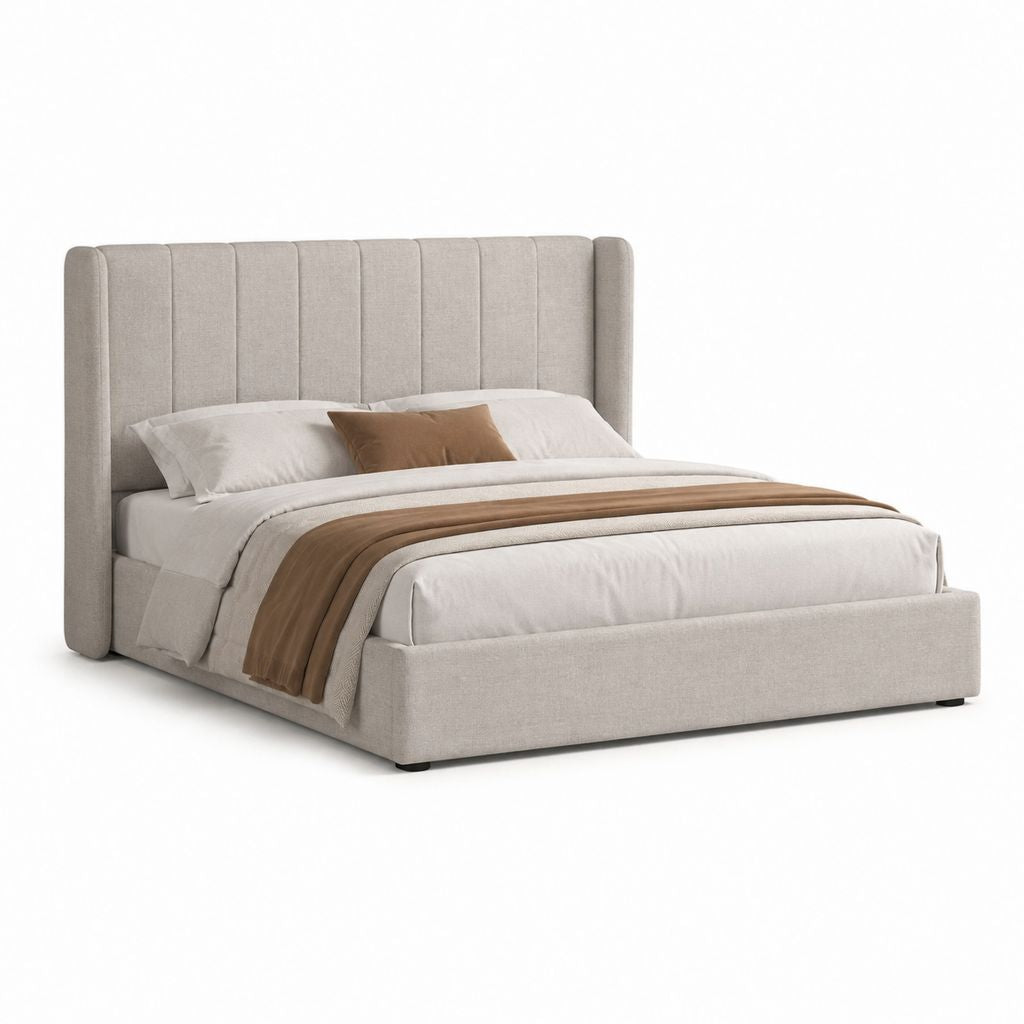 Stauraumbett Beige mit gepolstertem Polyesterbezug und vertikal gestepptem Kopfteil 160 x 200 cm