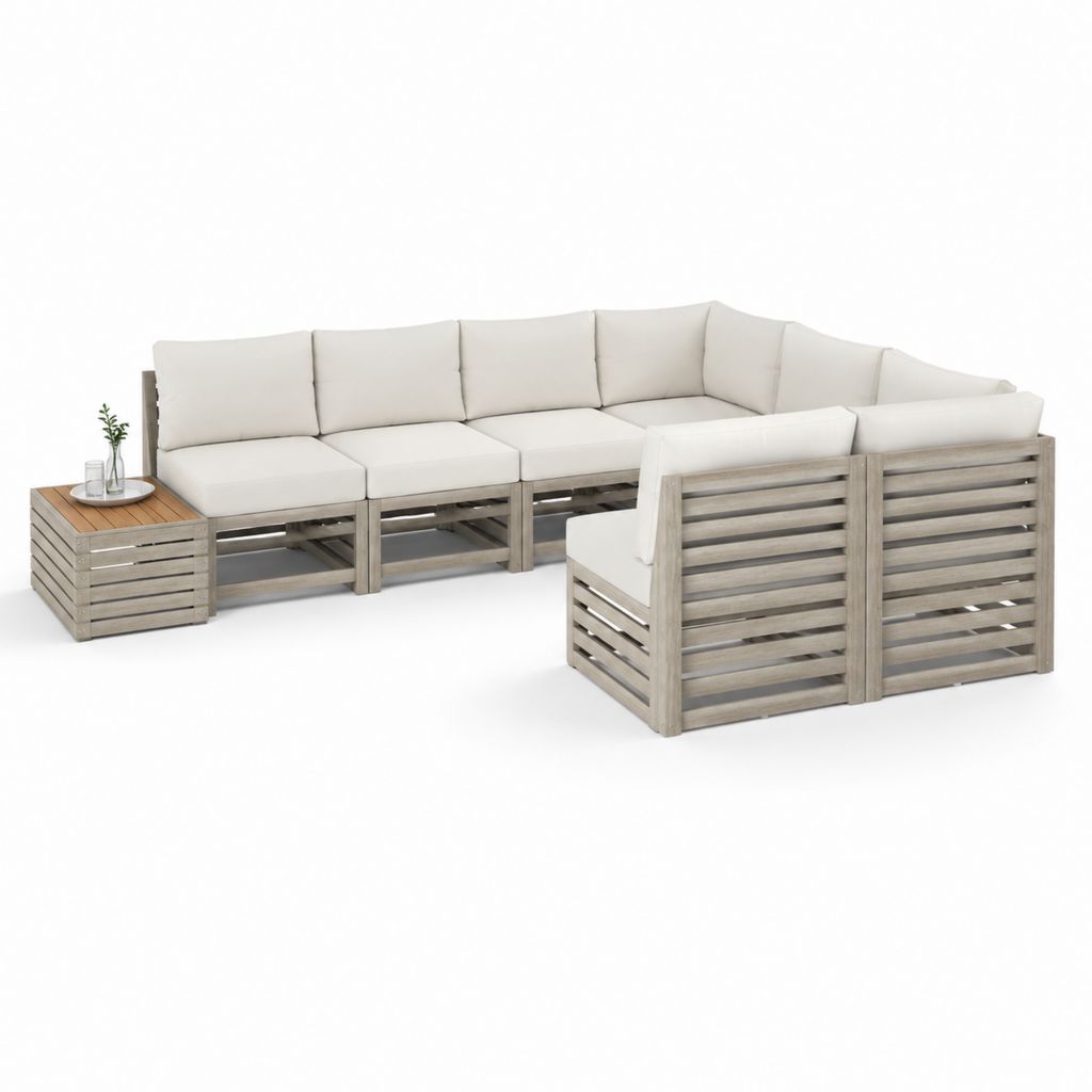 Gartenlounge Set 3-teilig Grau aus Akazien-Massivholz mit cremefarbenen Polyesterkissen 300 x 225 x 70 cm