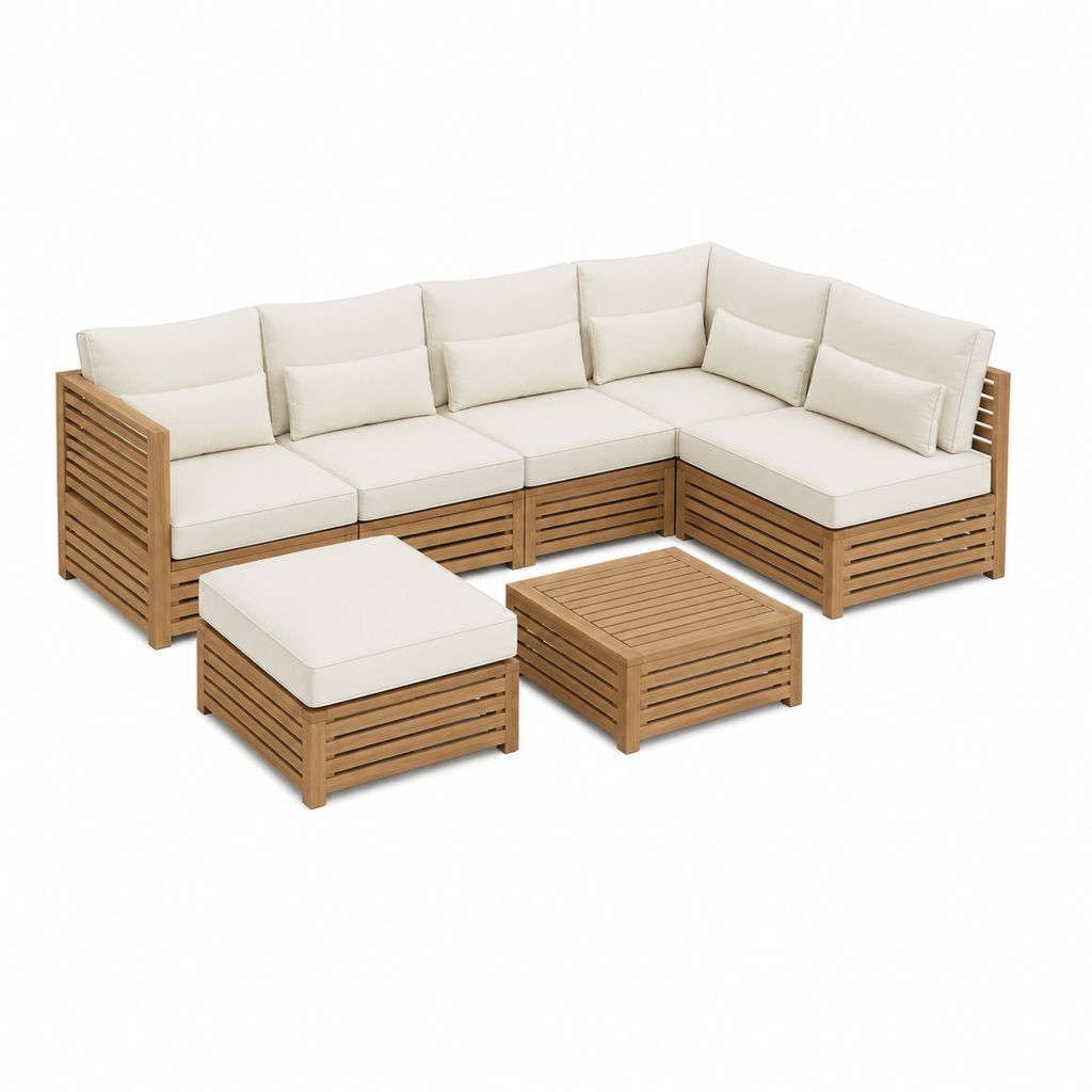 6-teiliges Gartenlounge-Set Ecksofa aus Akazienholz in Natur mit cremefarbenen Polyesterkissen 240 x 240 cm