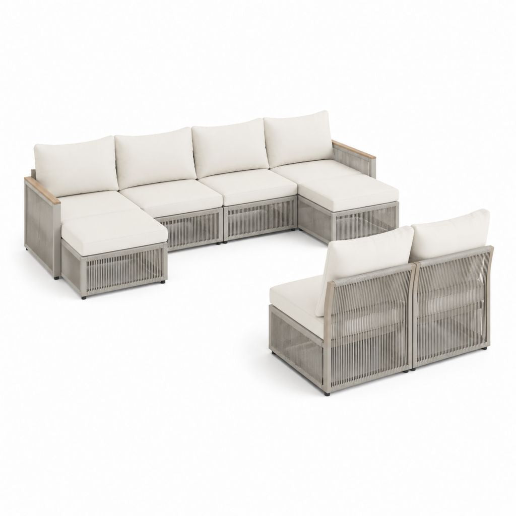 6-Sitzer Gartensofa-Set Beige Grau Aluminium PE-Geflecht L-Form 310 x 210 x 75 cm