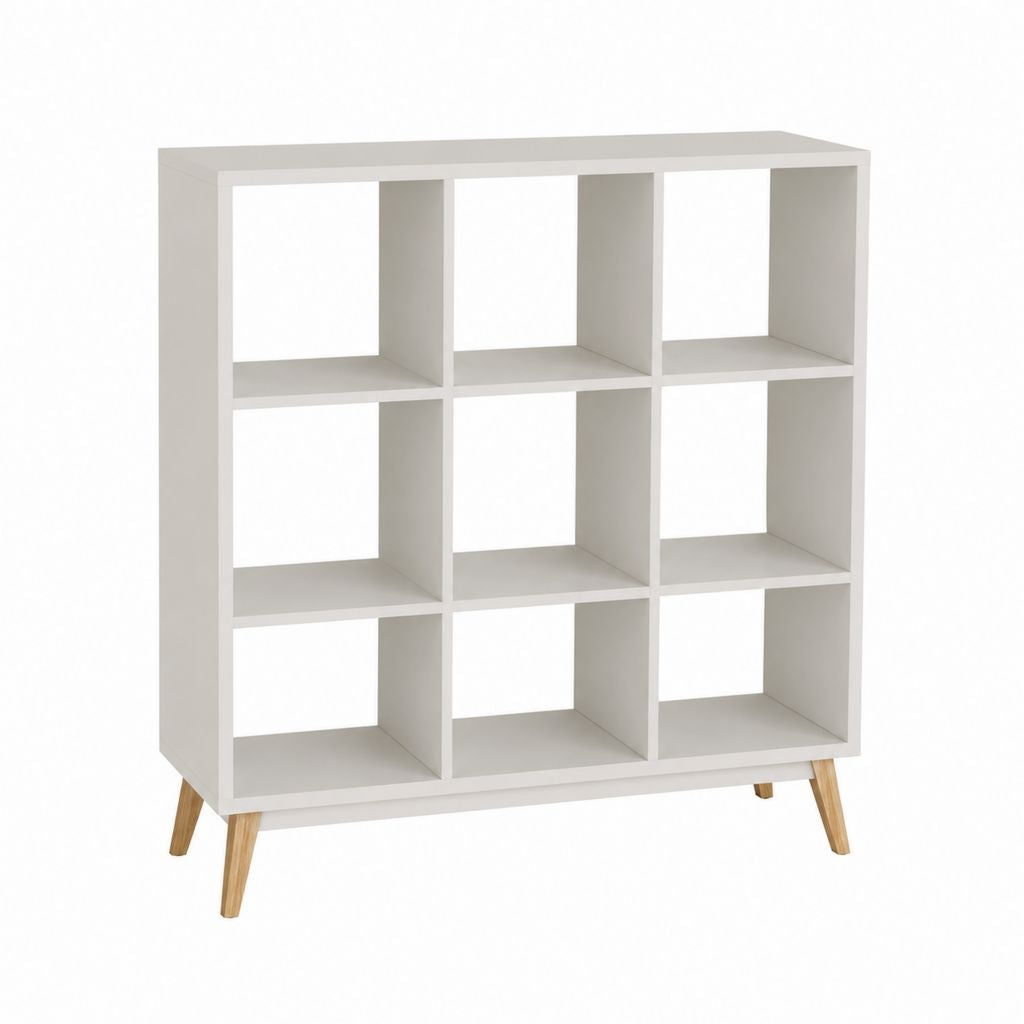 Bücherregal 9 Fächer Weiß MDF rechteckig 90 x 90 x 30 cm mit Massivholzfüßen