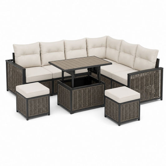 7-teiliges Gartensofa Set Beige mit PE-Rattan Stahlgestell und Hubtisch 230 x 230 cm