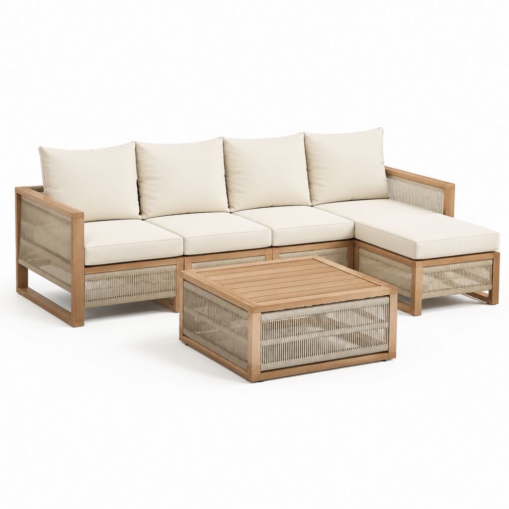 Gartenlounge Set 4-Sitzer in Beige aus Akazienholz mit Seilgeflecht L-Form 240 x 180 cm