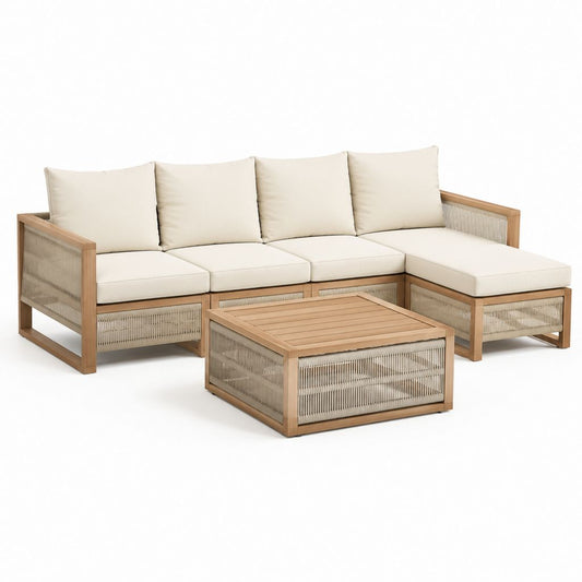 Gartenlounge Set 4-Sitzer in Beige aus Akazienholz mit Seilgeflecht L-Form 240 x 180 cm