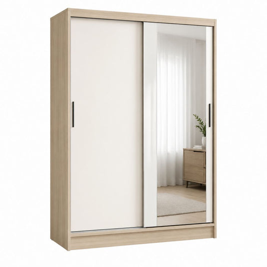 Schwebetürenschrank mit Spiegel Eiche Natur Weiß Spanplatte rechteckig 120 x 60 x 200 cm