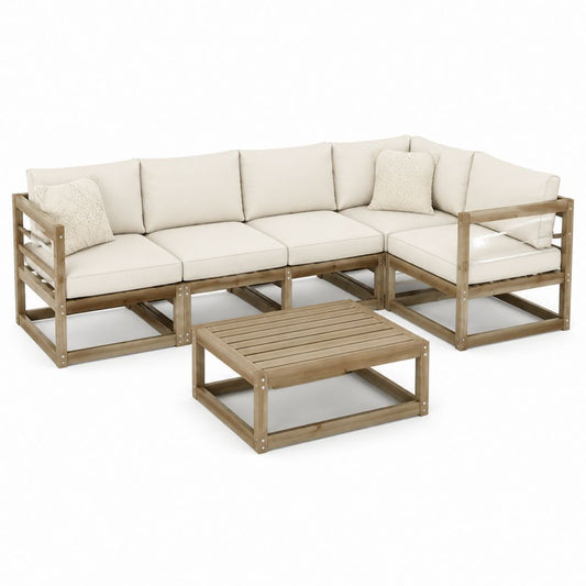 5-teiliges Gartenlounge-Set Creme aus massivem Akazienholz mit L-Form und Couchtisch 280 x 210 cm