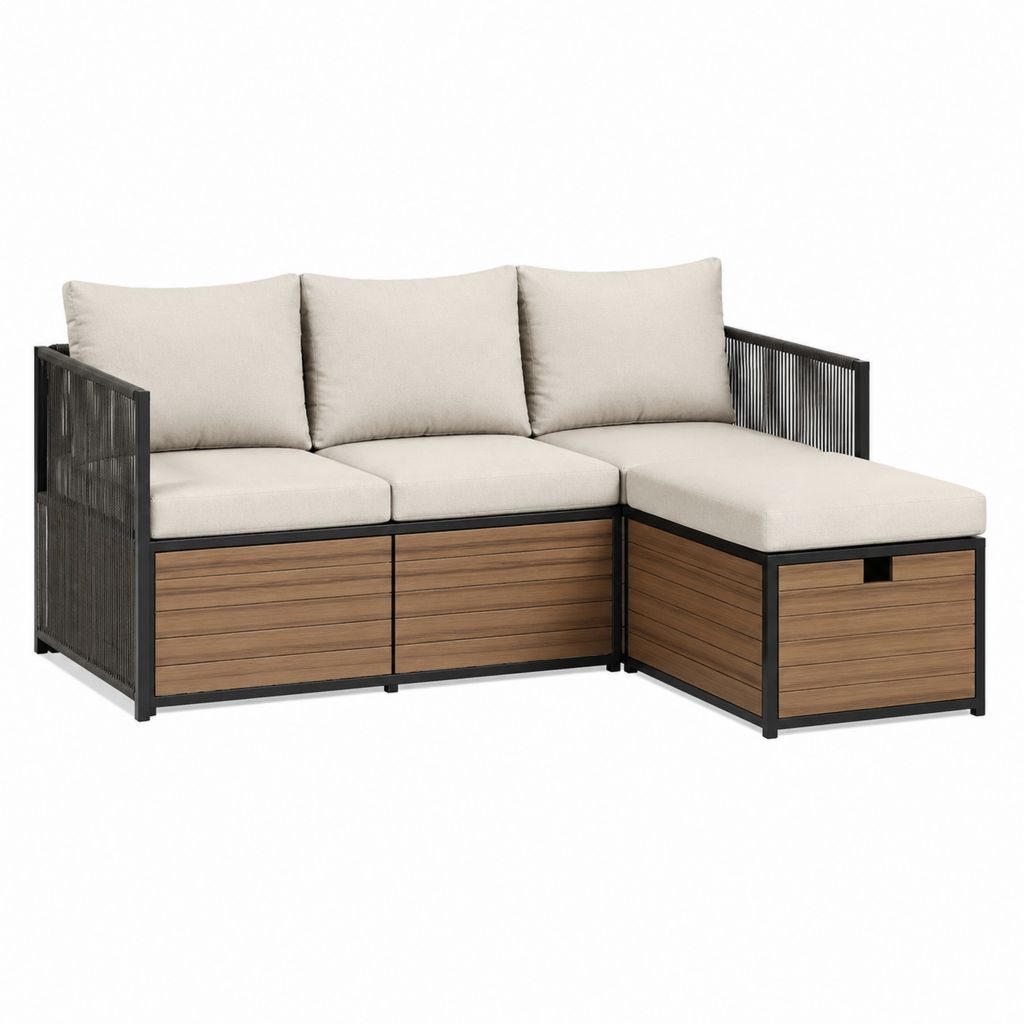 Gartenlounge Ecksofa 2-teilig Beige mit Akazienholz und Stahl 200 x 140 x 70 cm