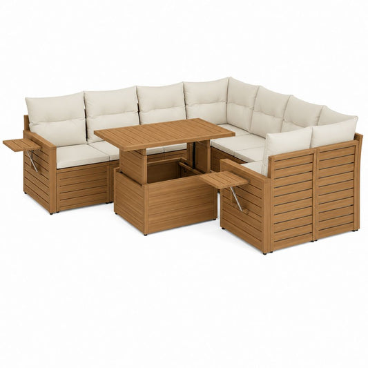 7-Sitzer Gartenlounge-Set U-Form Naturholz mit cremefarbenen Polyesterkissen und höhenverstellbarem Tisch 255 x 255 cm