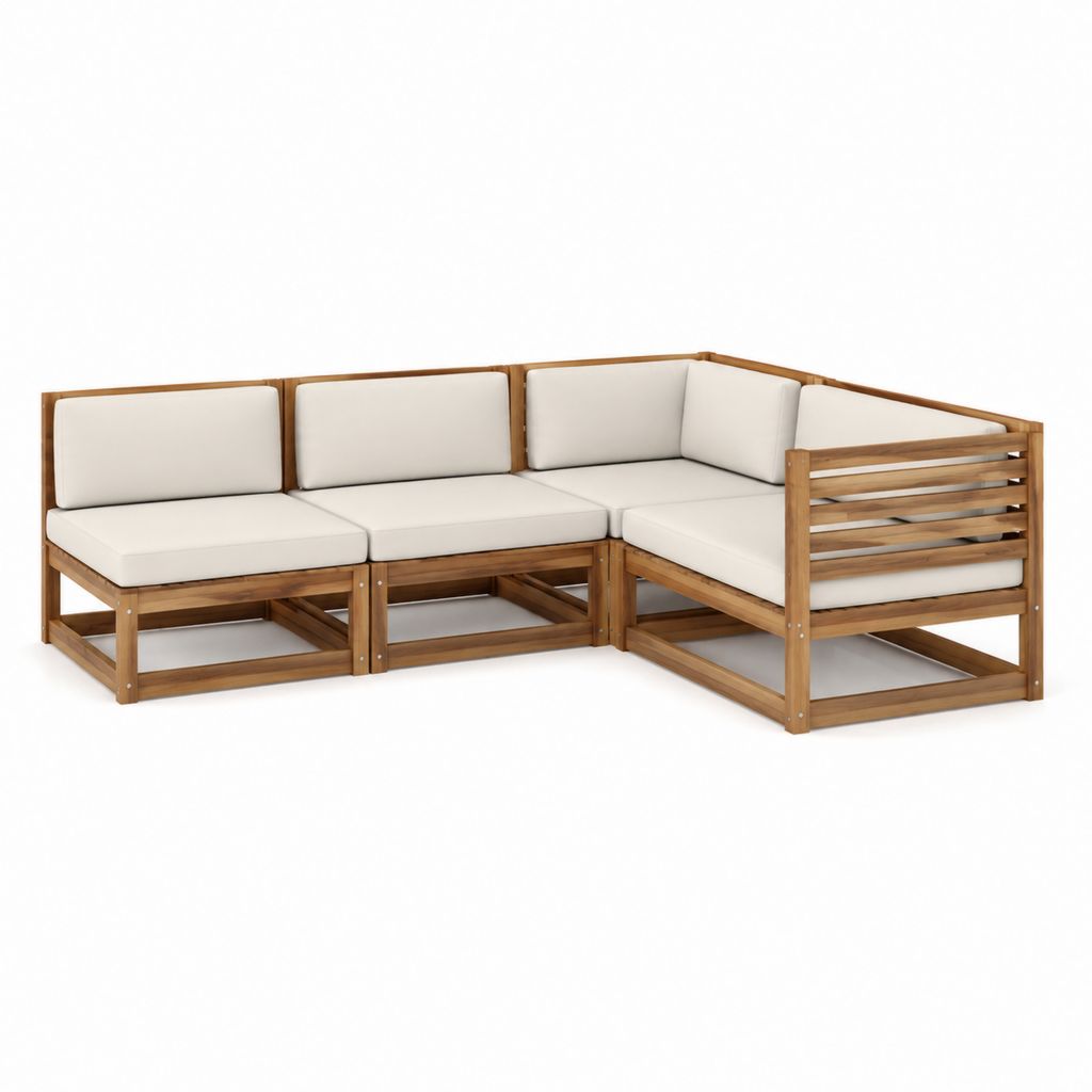 Gartenlounge Ecksofa 3er-Set Natur Akazien-Massivholz Creme Polyester 206 x 140 x 60 cm