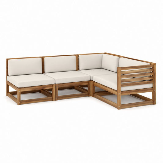 Gartenlounge Ecksofa 3er-Set Natur Akazien-Massivholz Creme Polyester 206 x 140 x 60 cm