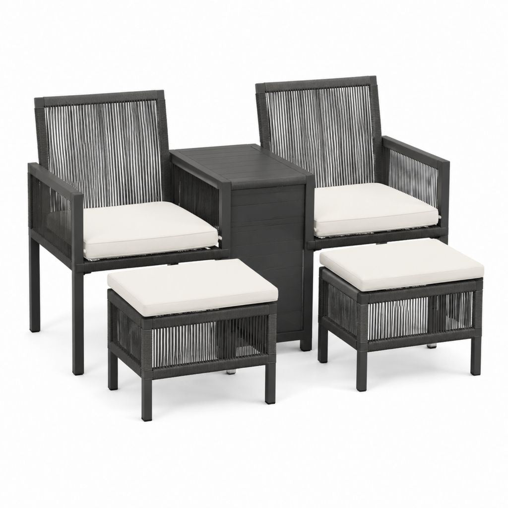 5-teiliges Gartenmöbel Set Schwarz aus pulverbeschichtetem Stahl und Polyesterseil mit 2 Sesseln 2 Hockern und Beistelltisch
