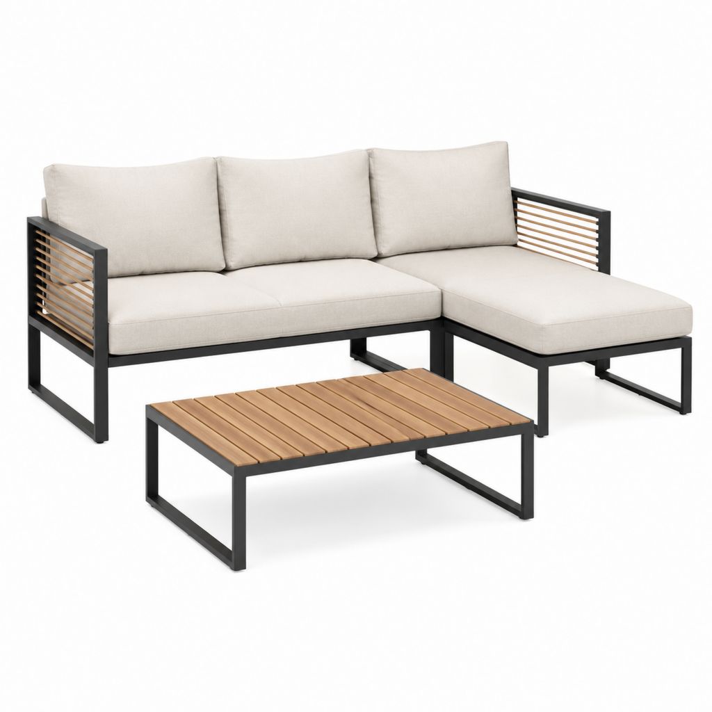 Gartenlounge Set mit Ecksofa und Couchtisch Beige Stahl Akazienholz 200 x 140 x 70 cm