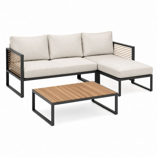 Gartenlounge Set mit Ecksofa und Couchtisch Beige Stahl Akazienholz 200 x 140 x 70 cm