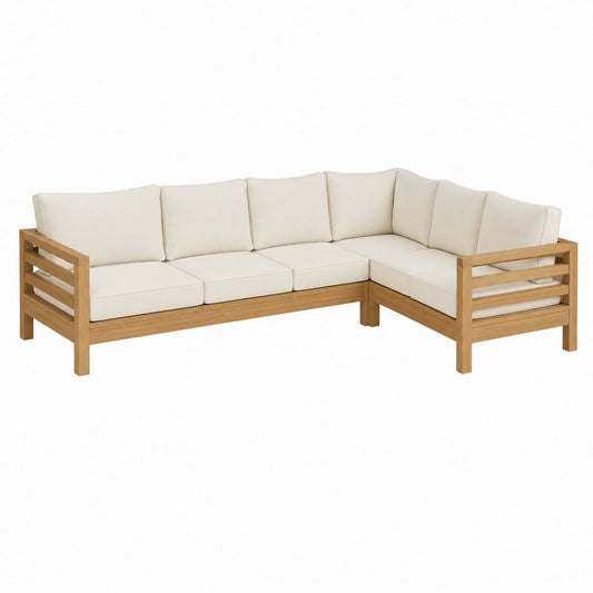 Garten Ecksofa 5-Sitzer aus massivem Akazienholz Natur mit beigefarbenen Polyesterpolstern 238 x 238 x 68 cm