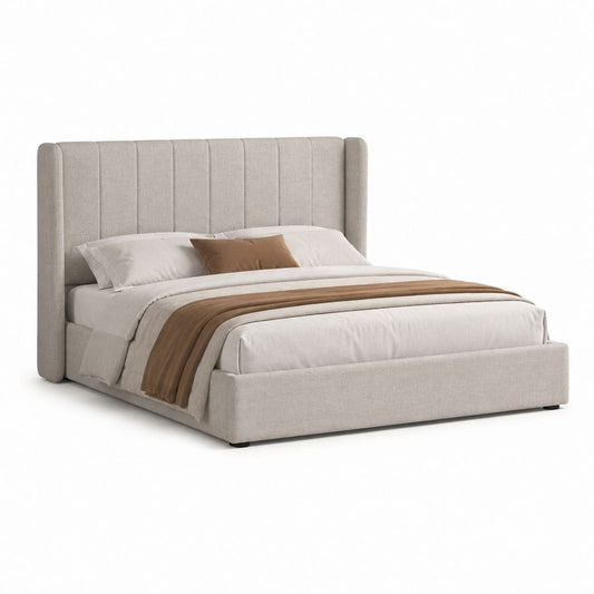 Stauraumbett Beige mit gepolstertem Polyesterbezug und vertikal gestepptem Kopfteil 160 x 200 cm