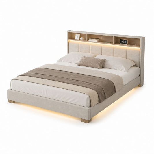 Stauraumbett Doppelbett Beige mit Polyesterbezug und MDF Kopfteil 180 x 200 cm