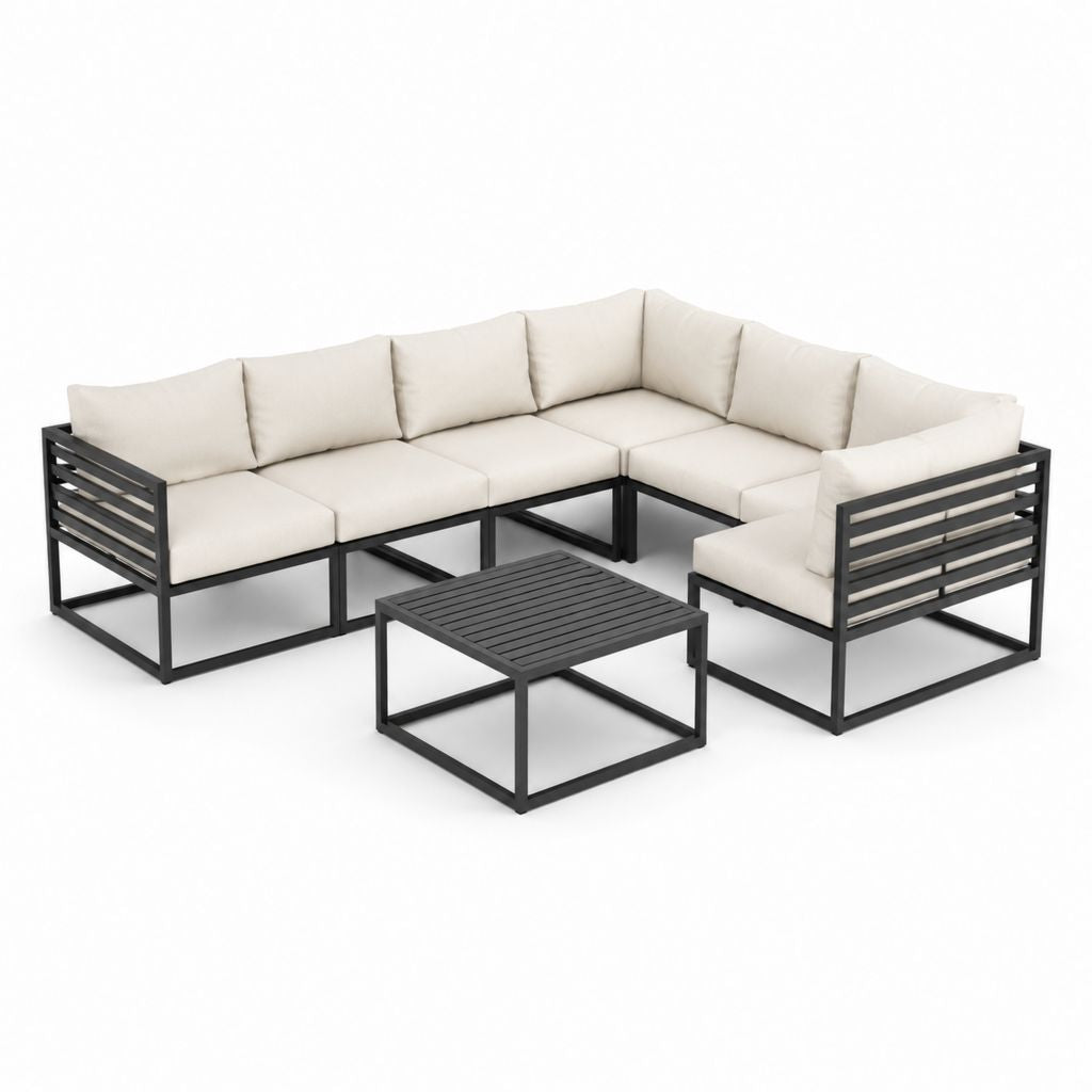 Gartensofa Set 4-teilig in L-Form Schwarz Creme Stahl Polyester 225 x 225 x 65 cm