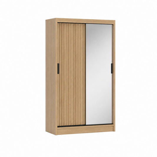 Schwebetürenschrank Eiche-Optik mit Spiegel und geriffelter Front 120 x 60 x 200 cm