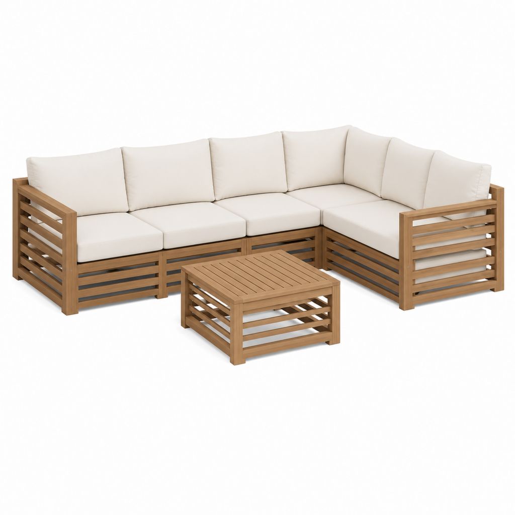 Gartenlounge Set Ecksofa mit Couchtisch Naturbraun Creme Akazienholz Polyester rechteckig 220 x 220 x 70 cm