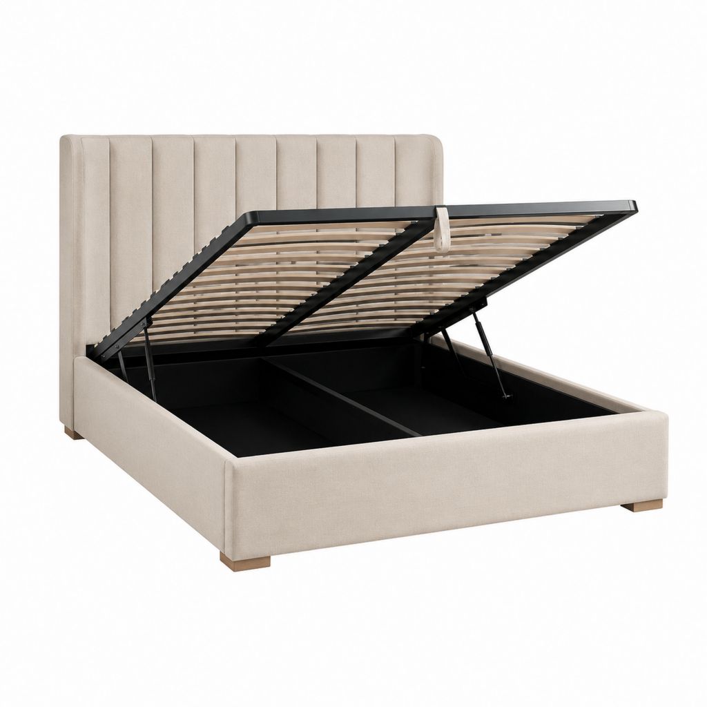 Stauraumbett Beige mit gepolstertem Polyesterbezug und Lattenrost 160 x 200 cm