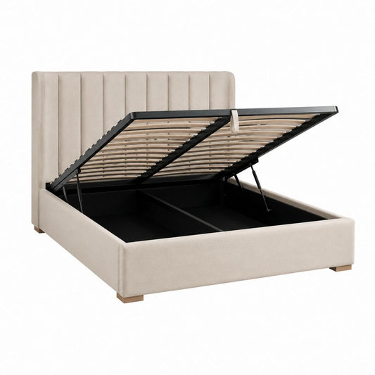 Stauraumbett Beige mit gepolstertem Polyesterbezug und Lattenrost 160 x 200 cm