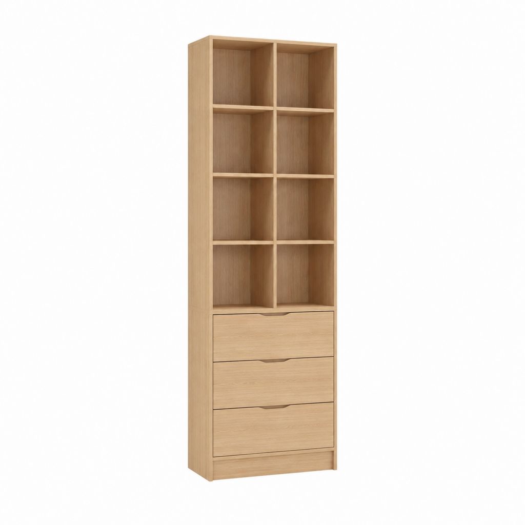 Bücherregal mit 8 offenen Fächern und 3 Schubladen Eiche-Optik Spanplatte 200 x 60 x 30 cm